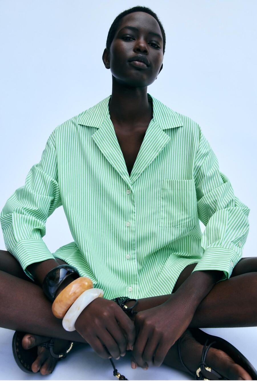 Zara Striped Poplin Shirt ZW Collection Green Size XS